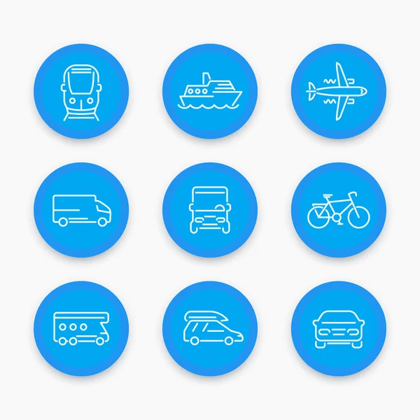 Transport lijn iconen, auto, busje, bus, trein, vliegtuig, schip, ronde blauwe iconen set, vector illustratie — Stockvector