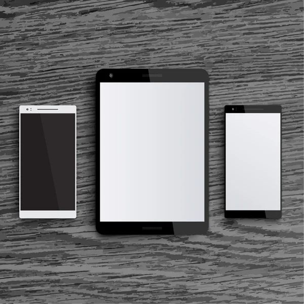 Tablet e smartphones vetor mockup, smartphone prata e preto, tablet moderno, ilustração vetorial — Vetor de Stock