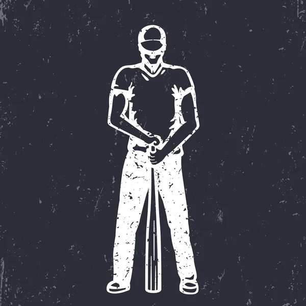 Joueur de baseball debout avec chauve-souris, blanc sur noir, illustration vectorielle — Image vectorielle