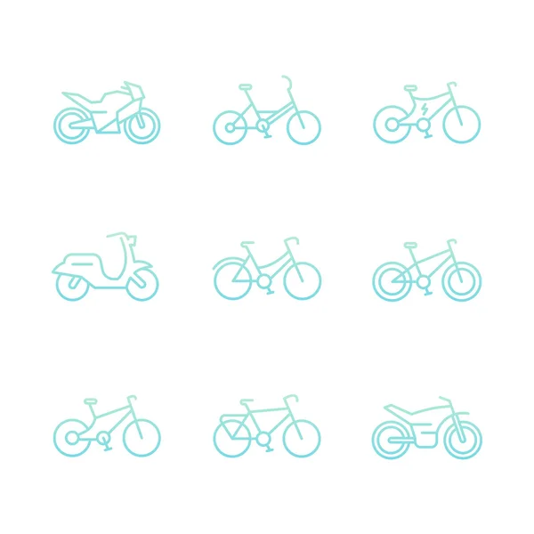 Fietsen iconen, fiets, Fietsen, motorfiets, motor, FAT Bike, scooter, elektrische fiets dunne lijn iconen op wit, vector illustratie — Stockvector