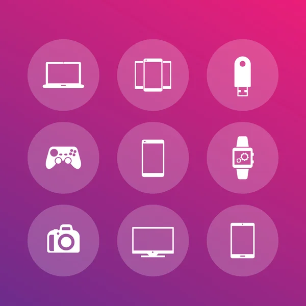 Gadgets pictogrammen (laptop, Tablet PC, camera, tv, slimme horloge, dslr, gamepad), vector illustratie — Stockvector