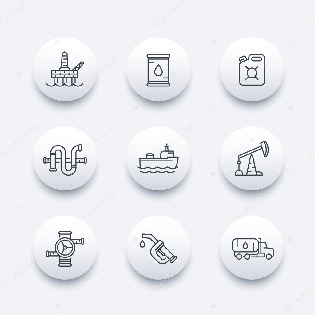 Petroleum industry line icons, oil rig, derrick, pipeline, barrel, drilling platform, oil tanker, gasoline nozzle, petrol can, vector illustration