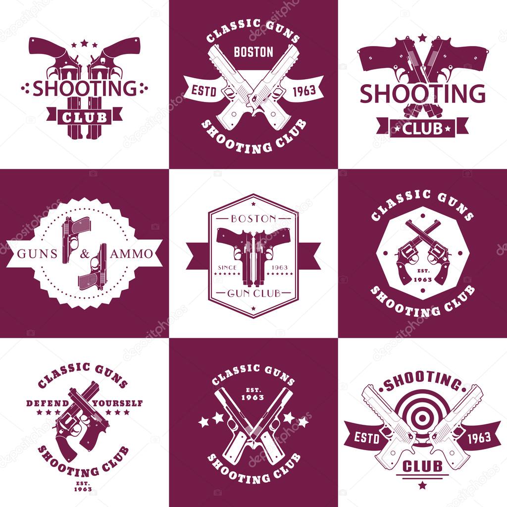 Shooting Club, Guns and Ammo vintage emblems, t-shirt prints with revolvers, guns, pistols, logo with handguns, vector illustration
