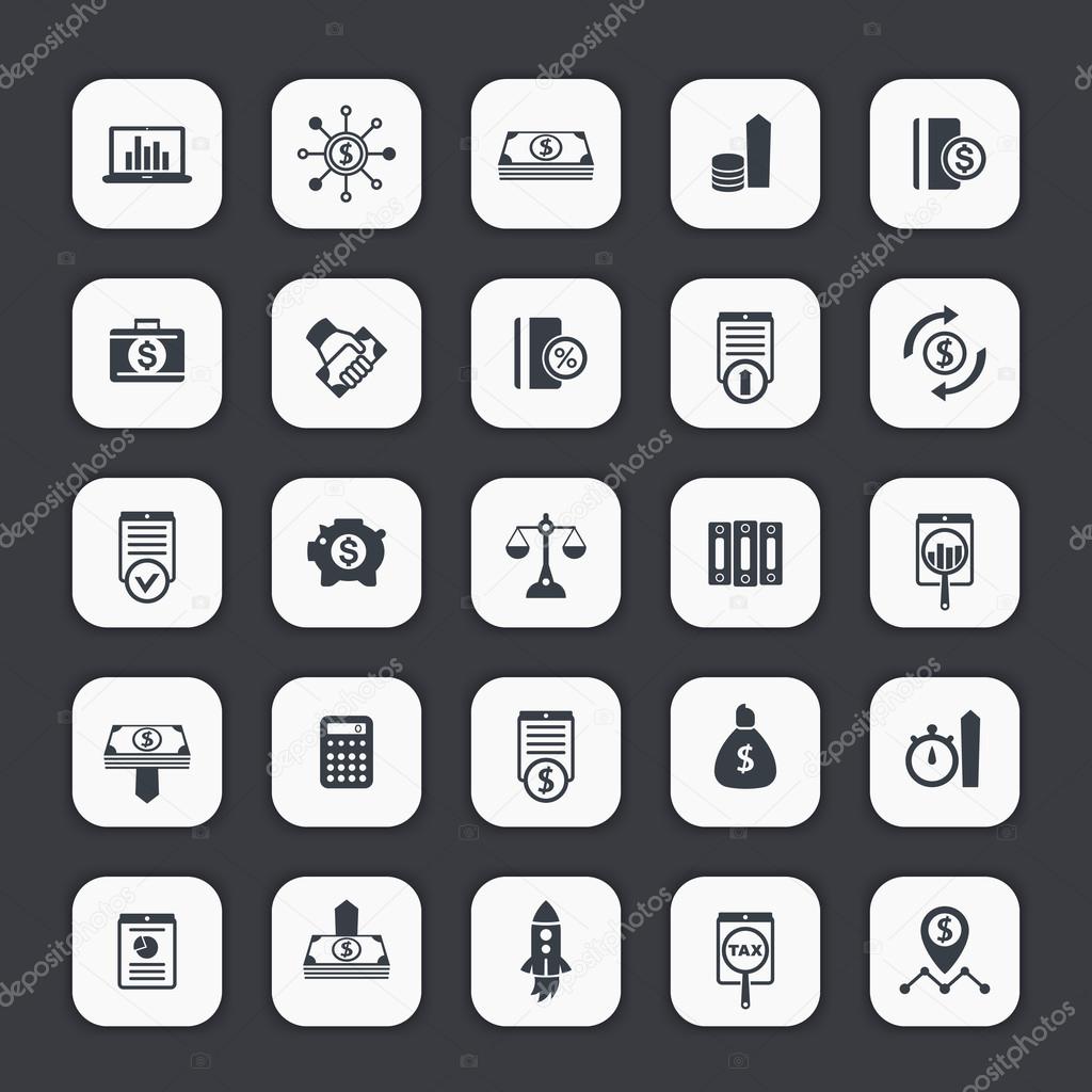 25 finance icons, investing, venture capital, shares, stocks, investor, portfolio, funds, investment, income, vector illustration