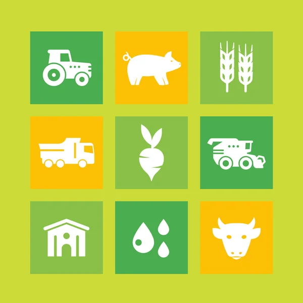 Agriculture, farming icons, agrimotor, harvest, cattle, pigs, hangar, agricultural machinery, vector illustration — Stock Vector