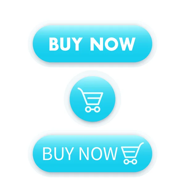 Vásárolni most, kék gombok a weben a bevásárló kocsi, vektor illusztráció — Stock Vector
