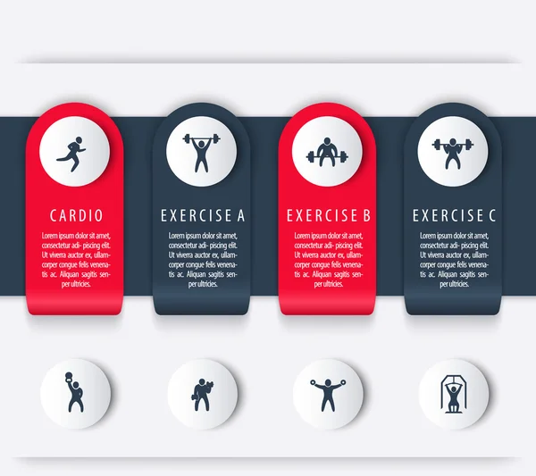 Tělocvična, cvičení, 4 kroky, infografické prvky, s ikonami kondice — Stockový vektor