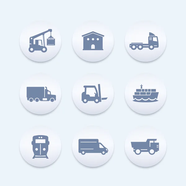 Transport, logistiek iconen set, magazijn, vracht trein, schip, vrachtwagen, lader — Stockvector