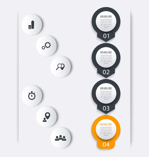 Chronologie verticale, éléments pour infographies, icônes, 1, 2, 3, 4, étiquettes pas à pas — Image vectorielle