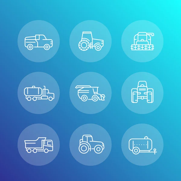 Conjunto de iconos de línea de maquinaria agrícola, cosechadora, vehículos agrícolas, camión, camioneta, ilustración de vectores — Vector de stock