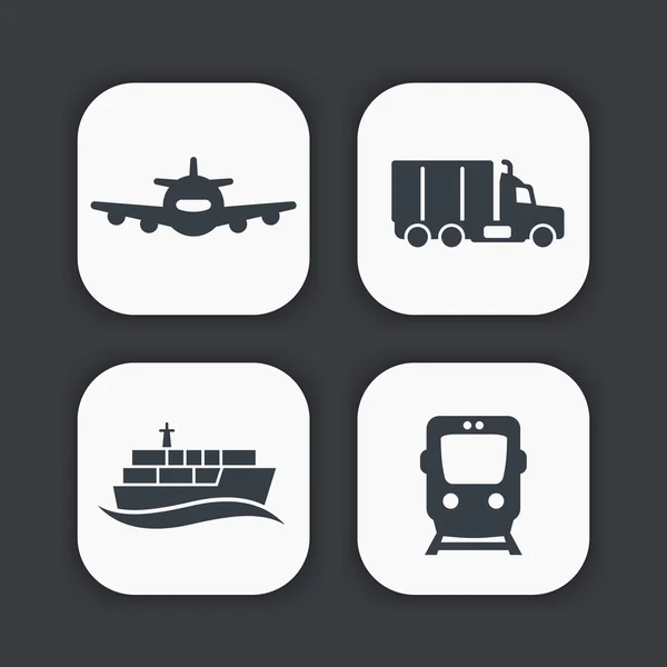 Iconos de la industria del transporte, camión, tren de carga, transporte aéreo, transporte marítimo — Vector de stock