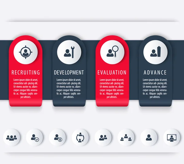 Mitarbeiter, hr, Timeline-Vorlage für die Mitarbeiterentwicklung, Schritte, Elemente der Infografik, Symbole — Stockvektor