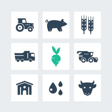 Tarım, tarım simgeleri, tarım motoru, hasat, sığır, hangar, tarım makineleri, vektör illüstrasyon