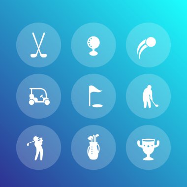 Golf Icons set, golf arabası, kulüpleri, Golf, çanta, vektör çizim