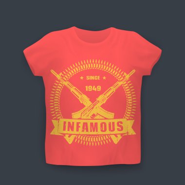 1949 yılından bu yana rezil, saldırı tüfekleri, silah, sovyet bayrağı, vektör illüstrasyon renklerde mockup üzerinde t-shirt tasarımı ile baskı