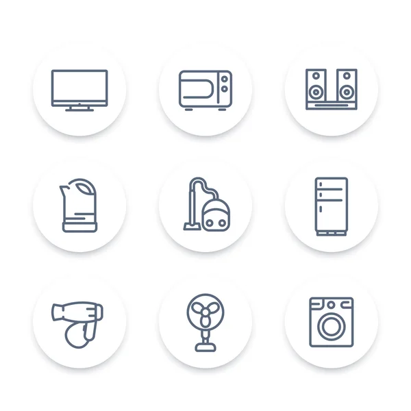 Iconos de línea de electrodomésticos, electrónica de consumo doméstico, dispositivos eléctricos, ilustración vectorial — Vector de stock