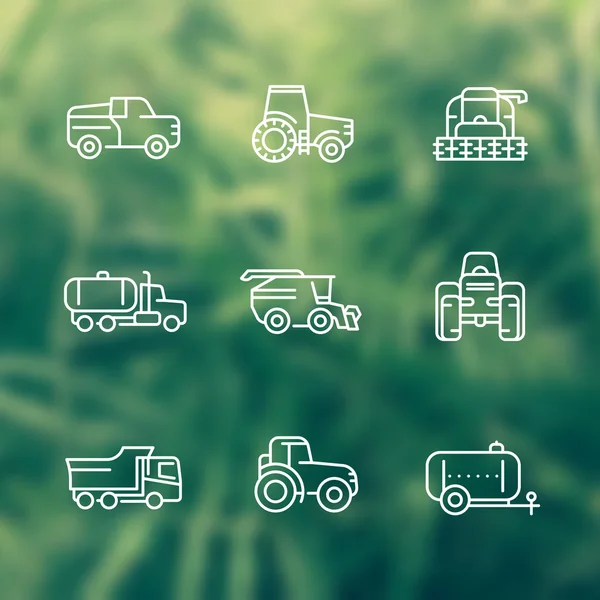 Landmaschinen Linie Symbole, Traktor, Mähdrescher, landwirtschaftliche Fahrzeuge, Mähdrescher, Pickup — Stockvektor