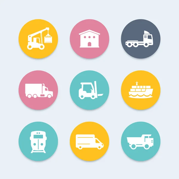 Transport, Logistik-Symbole, Lager, Güterzug, Schiff, LKW, Lader, Vektorillustration — Stockvektor