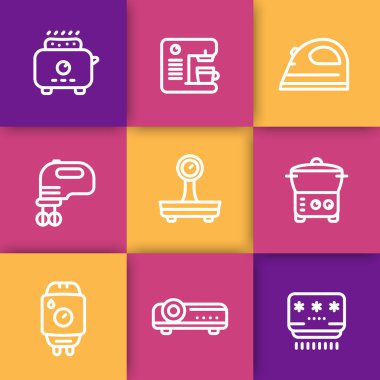 Aletleri, tüketici elektroniği satır Icons set, ekmek kızartma makinesi, kahve makinesi, blender, demir, ölçekler, vapur, ev kazan, projektör, Klima, vektör çizim