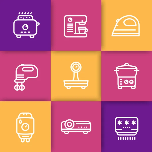 Appliances, consumer electronics line icons set, toaster, coffee machine, blender, iron, scales, steamer, home boiler, projector, air conditioner, vector illustration