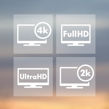 Yüksek tanım simgeler, Etiketler, Full Hd, Ultra Hd, 2k, 4k, tv işareti, illüstrasyon vektör