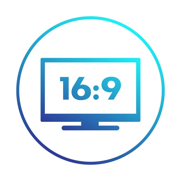 Icono de televisión de pantalla ancha en círculo, relación de aspecto 16: 9, ilustración de vectores — Vector de stock