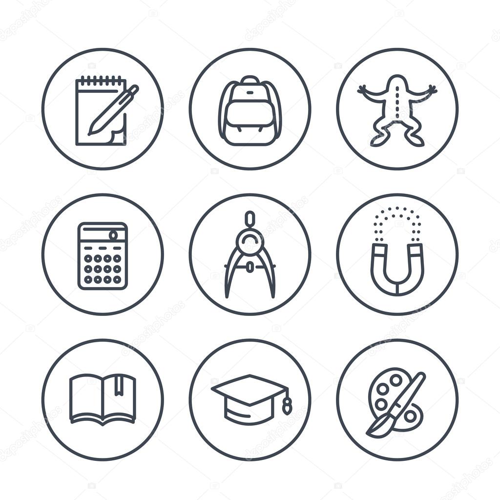 School line icons in circles, education, college, study, physics, biology