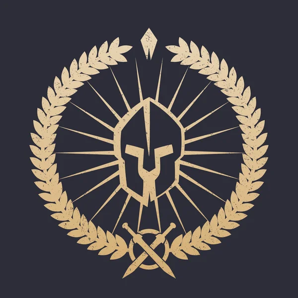 Emblema, logo con casco spartano, oro su scuro, grunge può essere facilmente rimosso — Vettoriale Stock