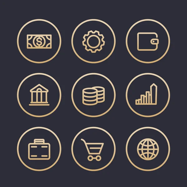 Ícones financeiros, taxa, recompensa, economia, carteira, bancário, pictogramas de linha grossa, ouro no escuro, ilustração vetorial —  Vetores de Stock