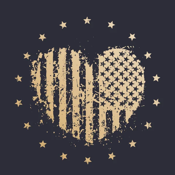Corazón con bandera de EE.UU., signo patriótico americano, oro en la oscuridad — Vector de stock