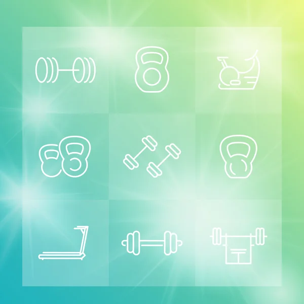 Gym Vybavení linka ikony set, cvičení, fitness, tréninku, cvičení — Stockový vektor