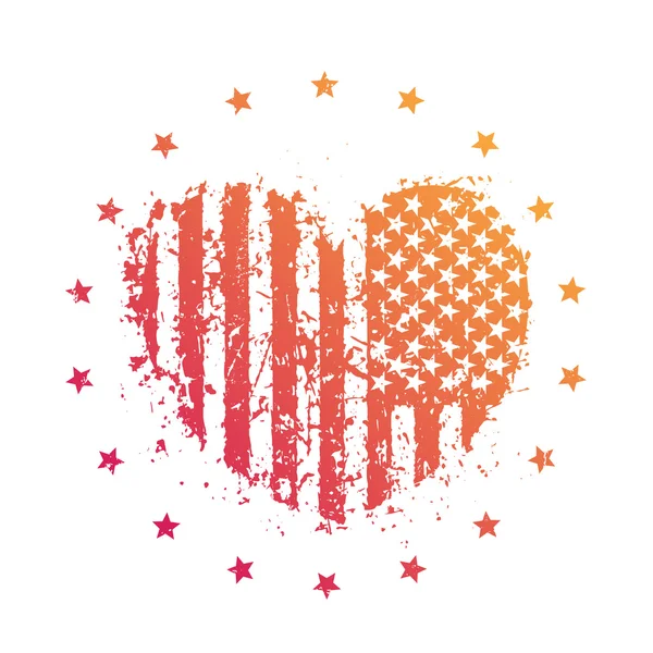 Corazón con bandera de EE.UU., signo patriótico americano, estampado de camiseta aislado en blanco — Vector de stock