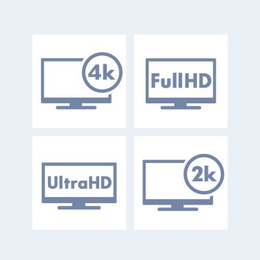Yüksek tanım simgeler, Etiketler, Full Hd, Ultra Hd, 2k, 4k, tv