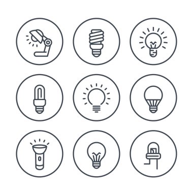 light bulbs line icons in circles, LED, CFL, fluorescent, halogen, lamp, flashlight clipart