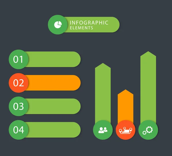 Éléments d'infographie d'affaires modernes, étiquettes pas à pas, 1 2 3 4, graphiques, vert, orange, gris foncé — Image vectorielle