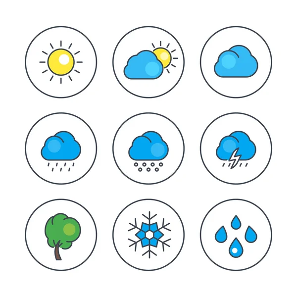 Iconos de línea meteorológica con relleno de color, lluvia, copo de nieve, granizo, viento, sol, nieve, nubes — Vector de stock