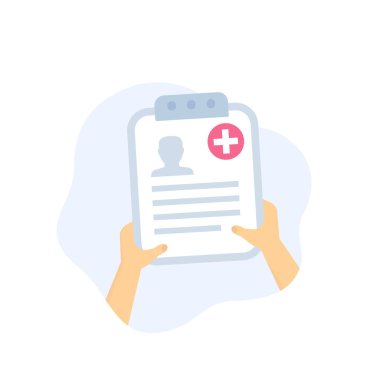 Tıbbi geçmiş, ellerinde hasta dosyası, vektör