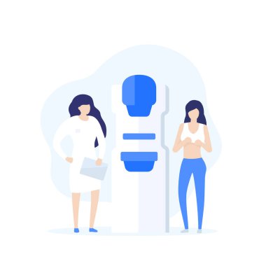 Mamografi makinesi ve hastası olan bir doktor.