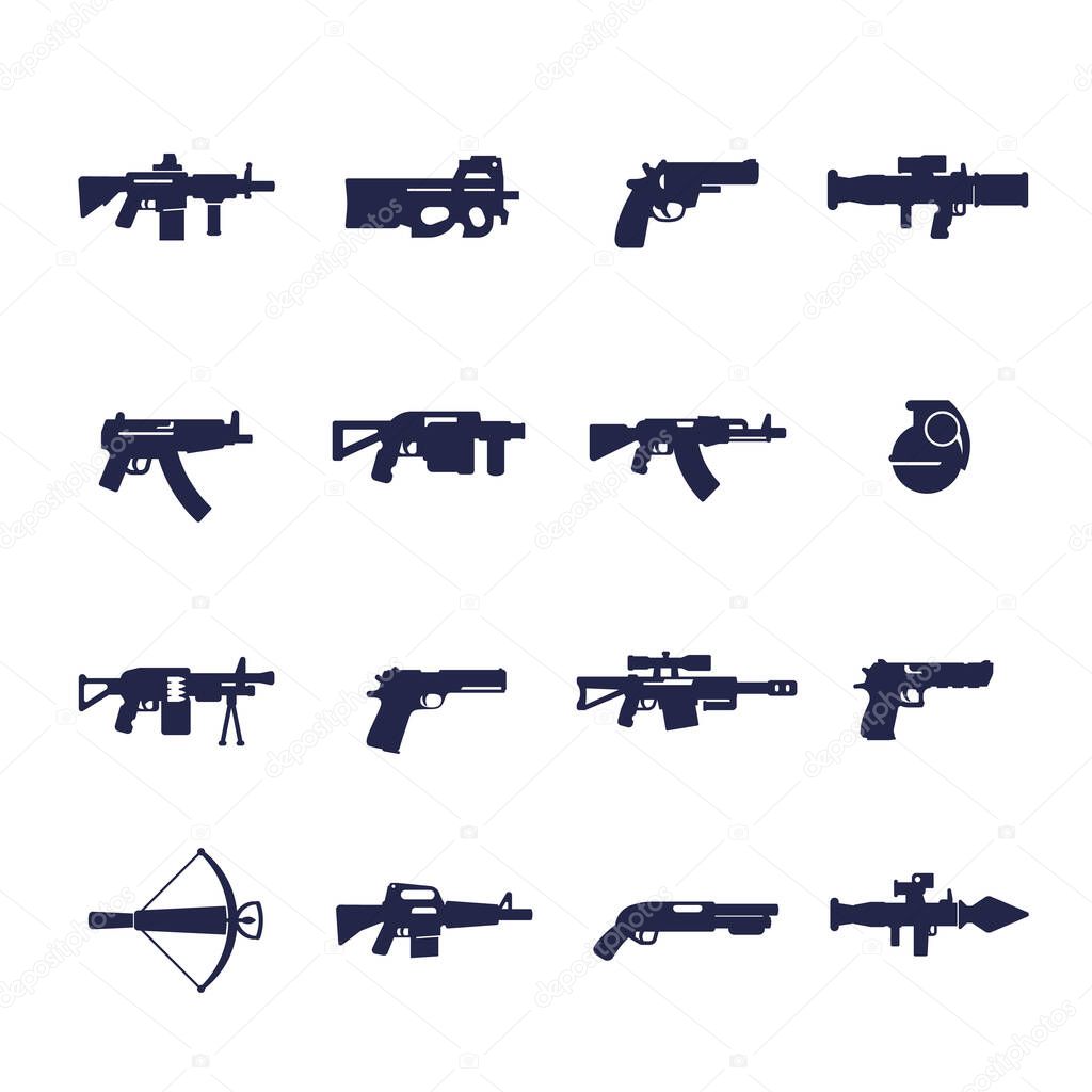 Guns and weapons icons, rifles, pistols, submachine guns, eps 10 file, easy to edit
