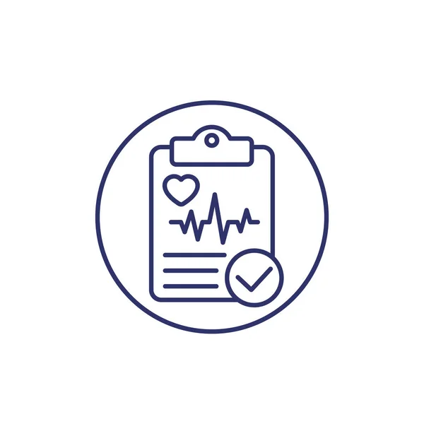 Cardiogramme, rapport de diagnostic cardiaque, icône de ligne — Image vectorielle