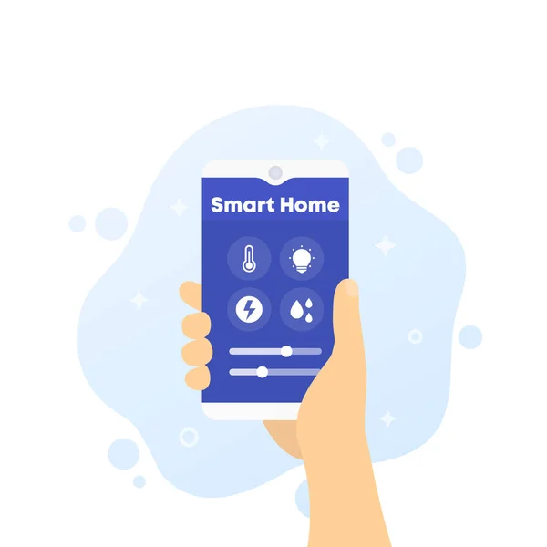 Smart app de contrôle à domicile, téléphone à la main, vecteur — Image vectorielle