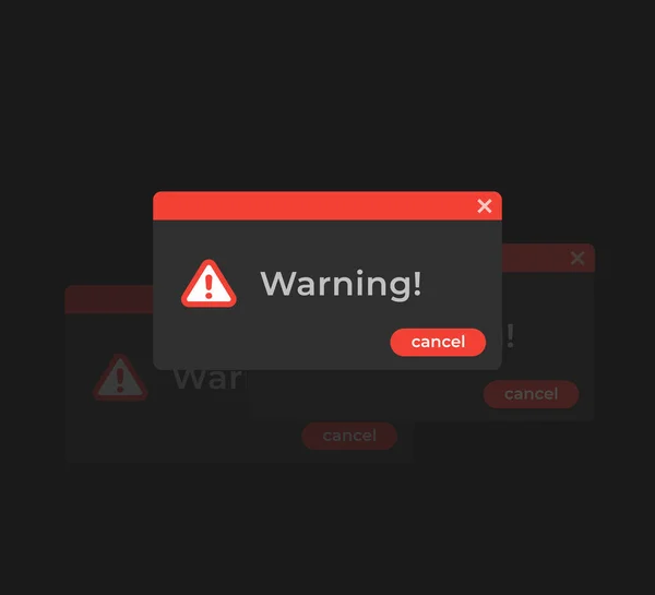 Warning alert windows, vector design, dark mode — Stock Vector