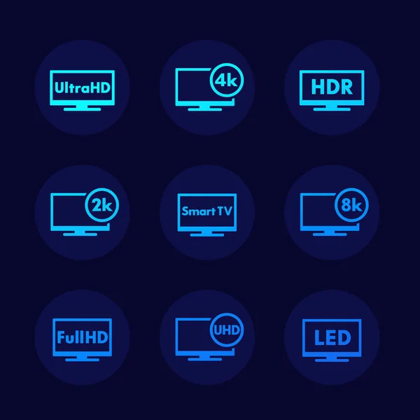 울트라 HD TV, 풀 HD, 4k, 8k 비디오 아이콘 세트 — 스톡 벡터