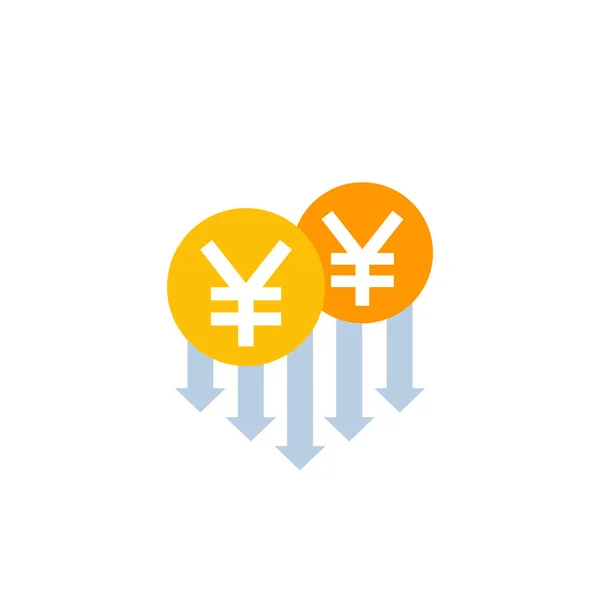 Icono de reducción de costos con yuan, vector plano — Vector de stock