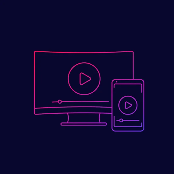 Reproducir vídeo, espejo de pantalla con el icono lineal de la TV — Archivo Imágenes Vectoriales