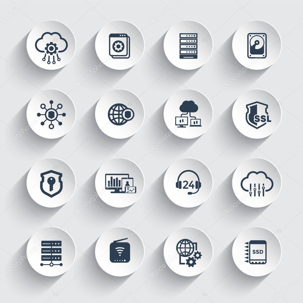 Hosting, servers, network and data storage icons