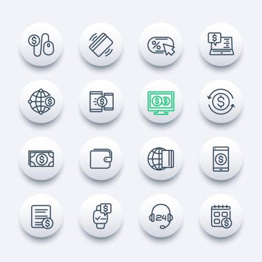 Ödemeler, internet bankacılığı çizgisi simgeleri, vektör kümesi
