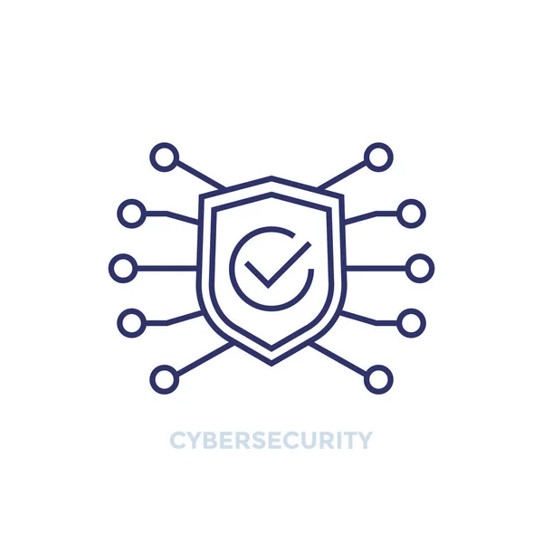 Ícone de linha de segurança cibernética com escudo e marca de verificação — Vetor de Stock
