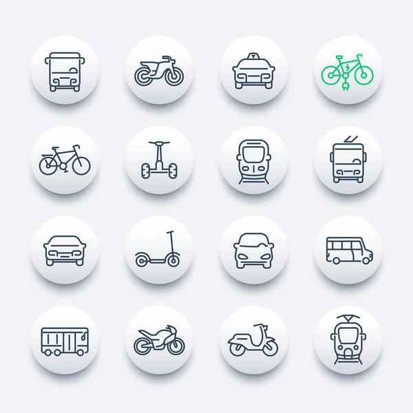Stadsvervoer pictogrammen set, bus, taxi, trein, fietsen — Stockvector