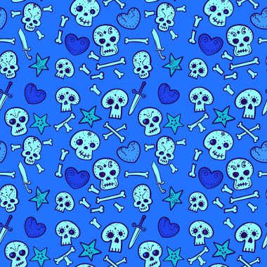 Kafatasları, kalpleri, kemikleri ve hançerleri olan desen.